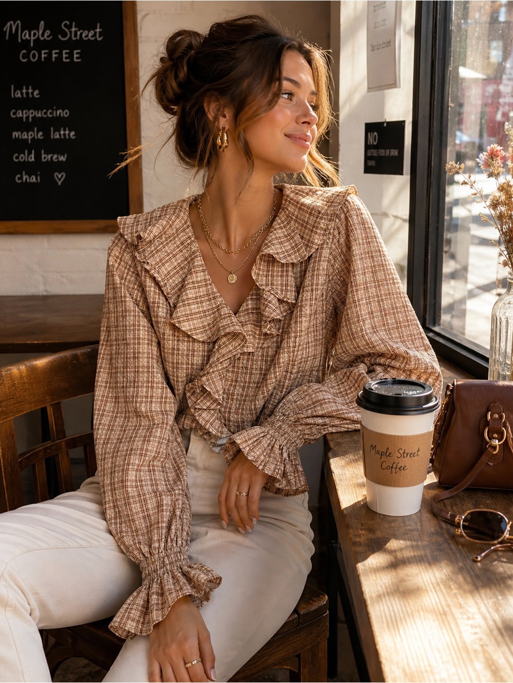Tuckernuck‎ Ruffle Plaid Blouse S | Romantic Cottagecore Top Neutral Fall Chic